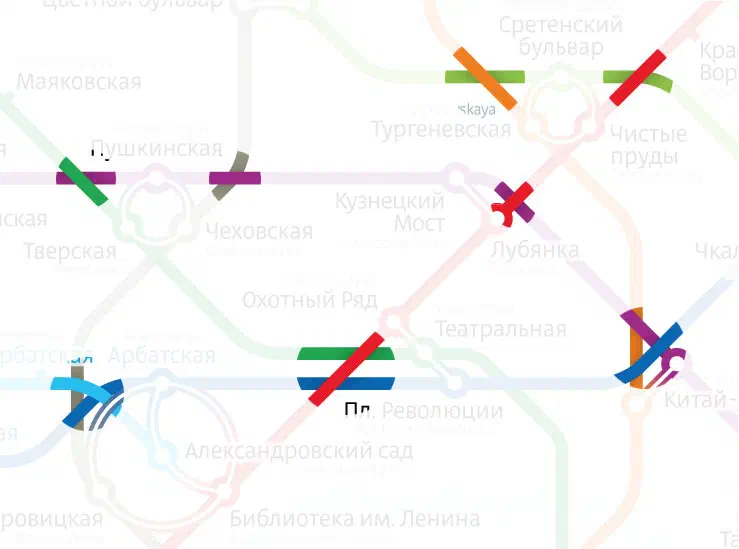 Изображение показывает карту Московской системы Метро с различными цветными линиями и текстом, указывающим различные остановки и маршруты системы метро.