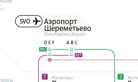 На снимке изображена карта аэропорта Шереметьево с текстом и номерами, указывающими маршрут поезда от аэропорта до аэропорта.