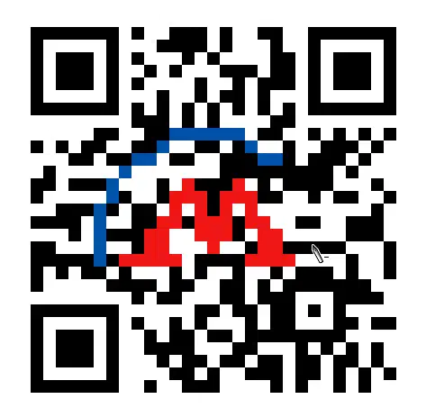 Изображение показывает QR-код с красным и синим пикселем. QR-код состоит из чёрных, белых и красных цветов.