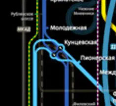 Карта показывает карту Московской системы Метро с голубой линией, указывающей маршрут системы метро.