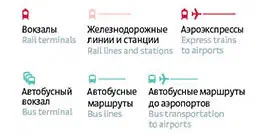 На рисунке изображен белый фон с текстами и значками, изображающими различные типы железнодорожных линий и станций на русском языке, текст сопровождается символами поезда с указанием различных типов поездов, имеющихся в регионе.