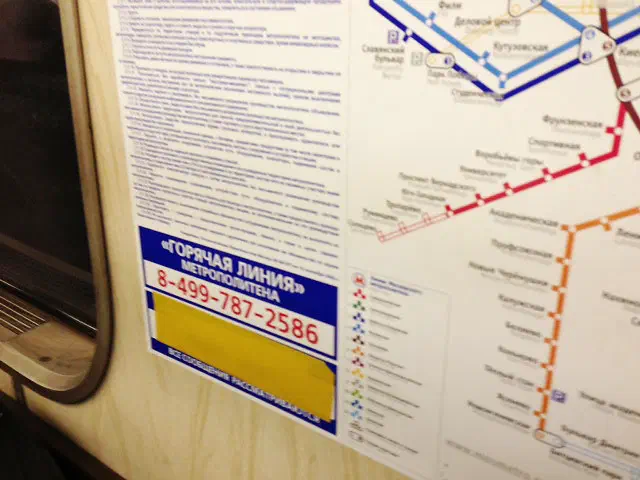 На снимке изображен плакат на стене поезда метро с картой московской системы метро. Карта подробно изложена и показывает различные линии и станции системы метро, а также названия