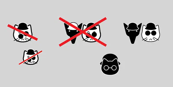 Изображение показывает набор из четырех различных типов кошек с различными выражениями на сером фоне, каждый с красным крестом в середине. Кошки расположены симметричным образом, создавая визуально удобный состав.