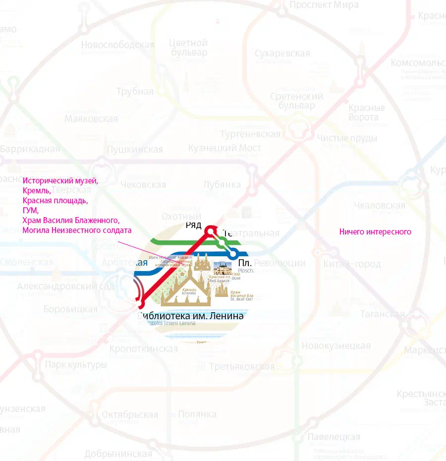 Карта показывает карту Московской системы Метро с красной линией, указывающей маршрут системы метро.