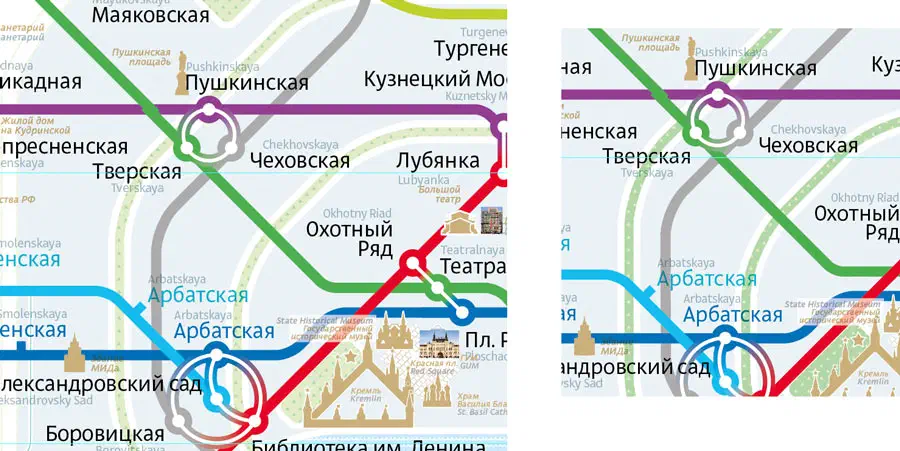 Карта показывает карту московской системы метро с красной линией, указывающей маршрут системы метро. Карта детализирована и показывает различные остановки и маршруты города, а также