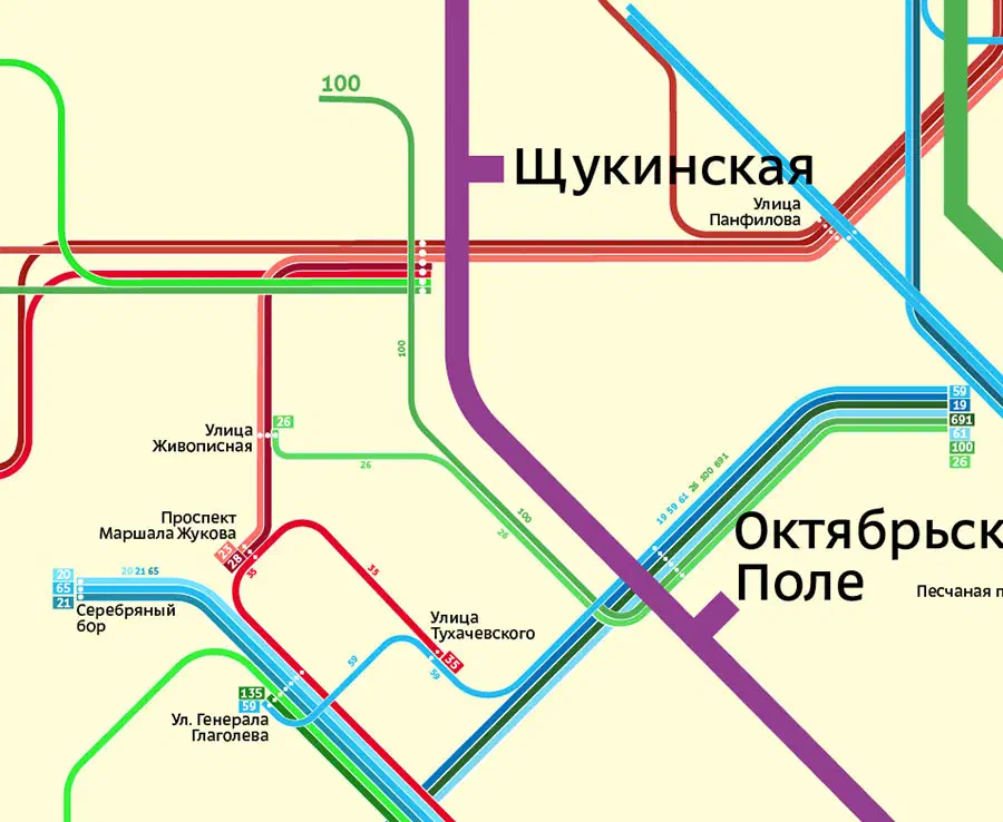 Изображение показывает карту Московской Метросистемы с красочными линиями и текстом, указывающим различные остановки и маршруты города.