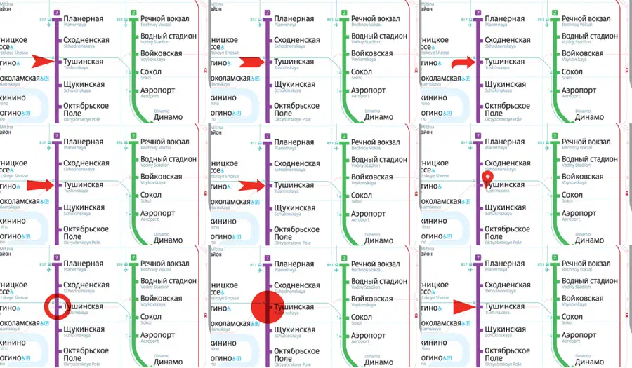 Карта нарисована на карте Московской системы Метро с красным кругом посередине, указывающим расположение системы метро. Карта заполнена текстом и стрелками, в которой содержится подробная информация о различных остановках и маршрутах.