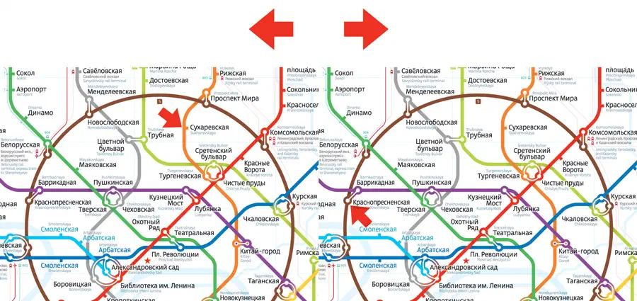 На картинке изображена карта московской системы метро с красными стрелками, указывающими на различные маршруты и текст с указанием различных остановок и маршрутов.