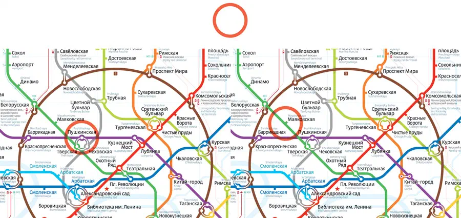 Карта показывает карту московской системы метро с красным кругом в центре. Карта заполнена красочными линиями и текстом с указанием различных остановок и маршрутов системы метро.