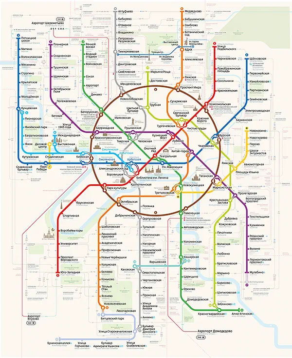 На картинке показан плакат с картой Московской Метросистемы, с белым фоном, красочными линиями и текстом с подробным описанием различных маршрутов системы метро.