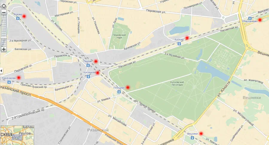 Карта города Киев, Украина, с красными точками указывает местоположение железнодорожной станции в городе.