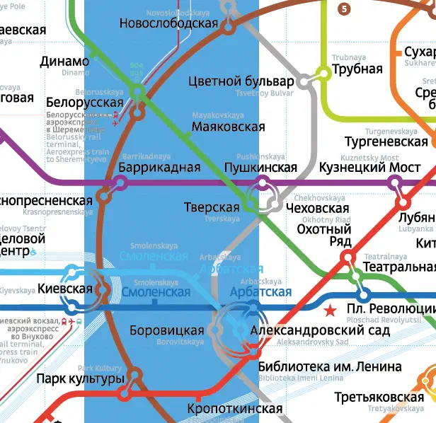Изображение показывает карту Московской Метросистемы с различными цветными линиями и текстом, указывающим различные остановки и маршруты системы метро.