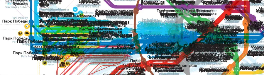 Карта нарисована на карте Московской системы Метро с различными красочными линиями и текстом. Карта заполнена различными цветами и текстами и содержит подробный обзор системы метро.